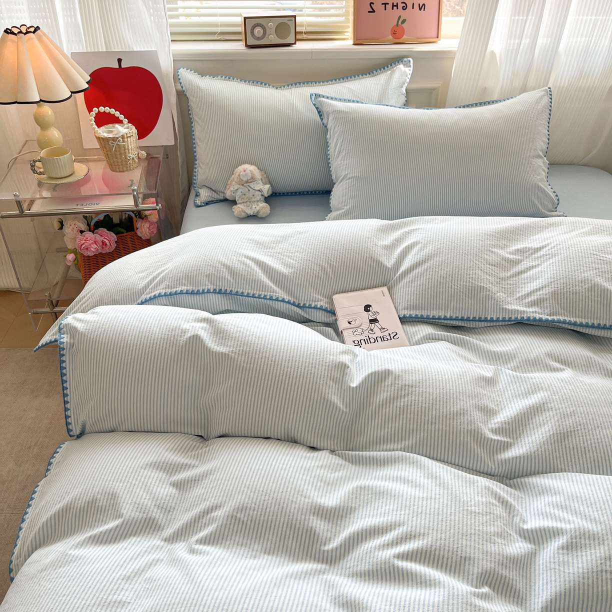 91家纺网 家纺一手货源 找家纺 如一 2026春夏新款色织全棉纯棉加密水洗棉条纹三角针四件套 海岸蓝