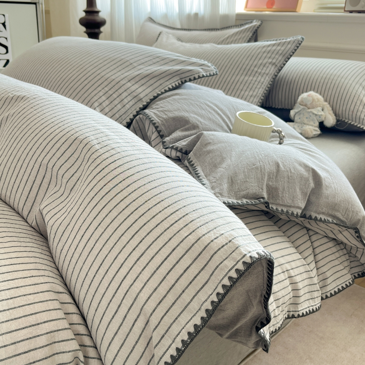 如一 2026春夏新款色织全棉纯棉加密水洗棉条纹三角针四件套 晴空灰