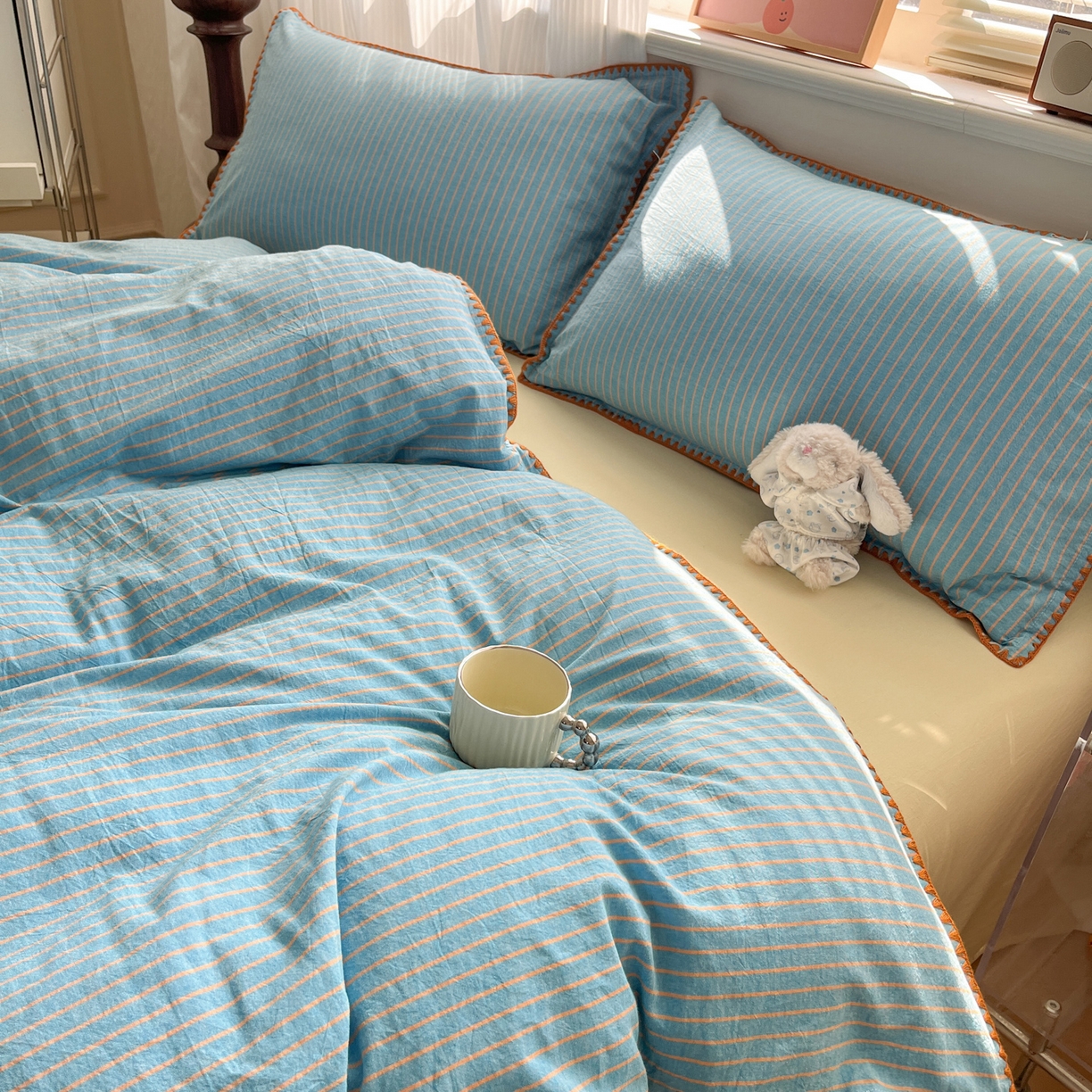 91家纺网 家纺一手货源 找家纺 如一 2026春夏新款色织全棉纯棉加密水洗棉条纹三角针四件套 晴空橙