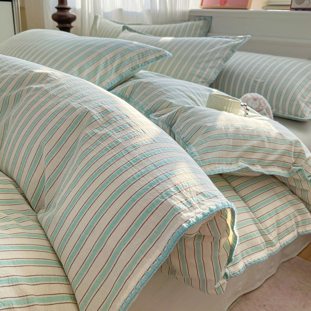 91家纺网 家纺一手货源 找家纺 （总）如一 2026春夏新款色织全棉纯棉加密水洗棉条纹三角针四件套