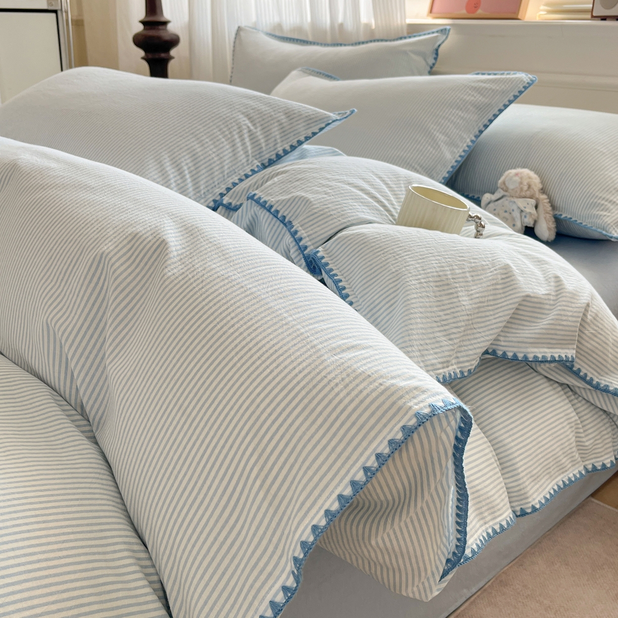 如一 2026春夏新款色织全棉纯棉加密水洗棉条纹三角针四件套 海岸蓝