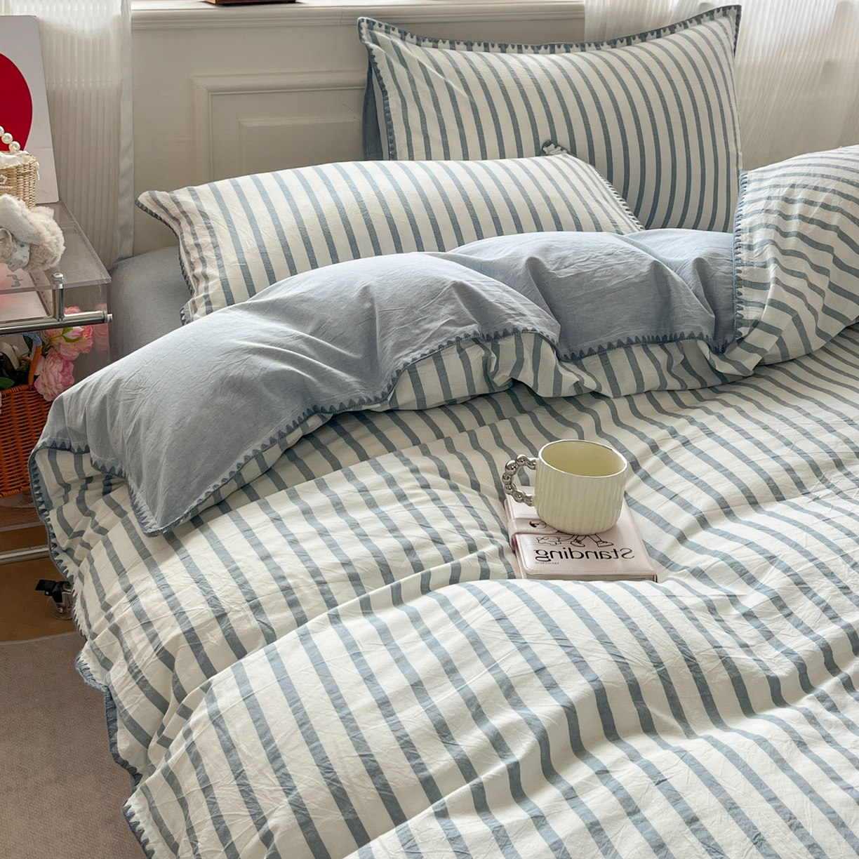 91家纺网 家纺一手货源 找家纺 如一 2026春夏新款色织全棉纯棉加密水洗棉条纹三角针四件套 野原蓝