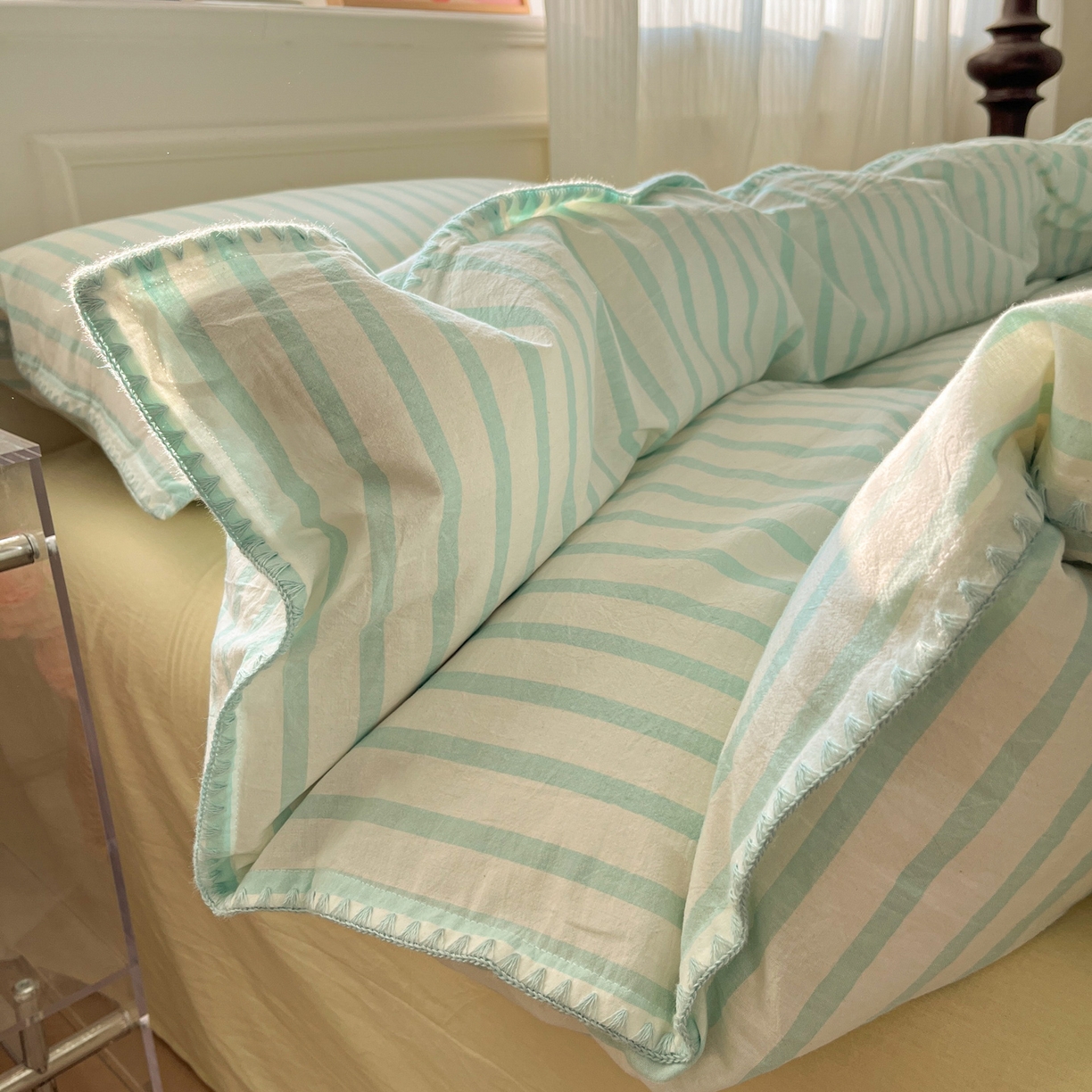 91家纺网 家纺一手货源 找家纺 如一 2026春夏新款色织全棉纯棉加密水洗棉条纹三角针四件套 野原绿