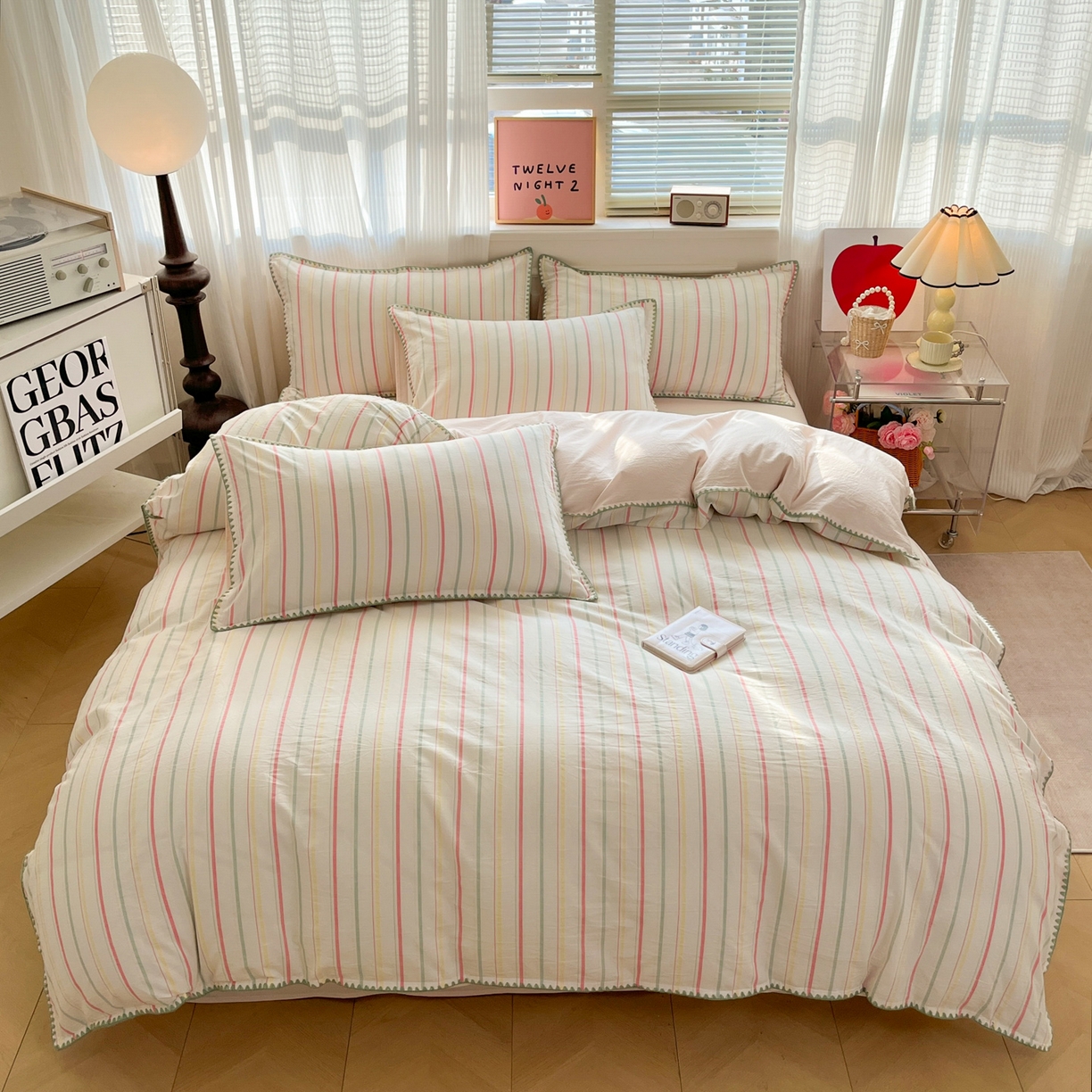 91家纺网 家纺一手货源 找家纺 如一 2026春夏新款色织全棉纯棉加密水洗棉条纹三角针四件套 春日粉