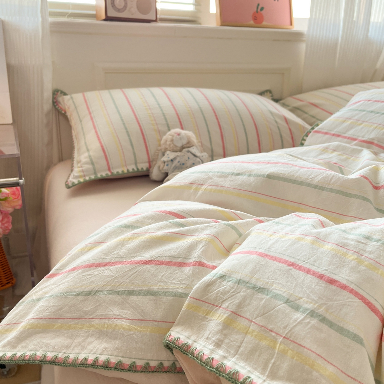 91家纺网 家纺一手货源 找家纺 如一 2026春夏新款色织全棉纯棉加密水洗棉条纹三角针四件套 春日粉