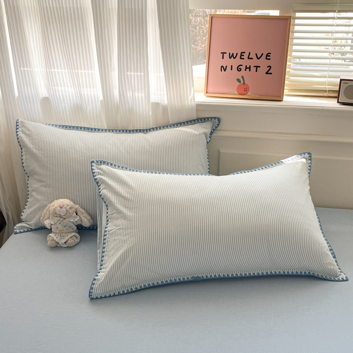 91家纺网 家纺一手货源 找家纺 如一 2026春夏新款色织全棉纯棉加密水洗棉条纹三角针四件套 海岸蓝