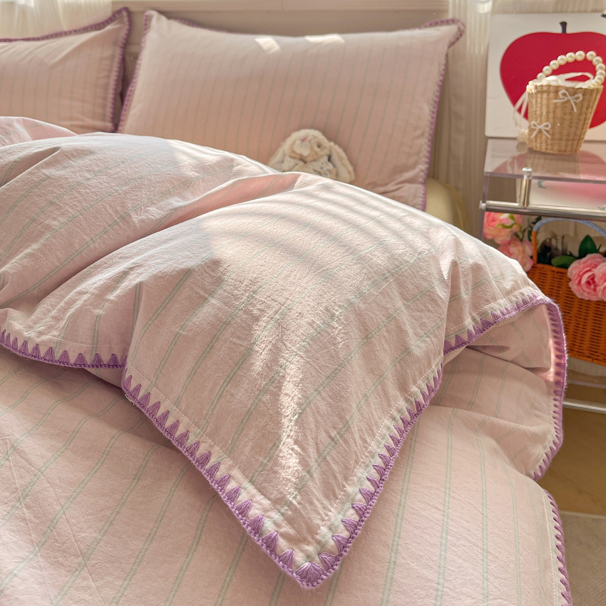 91家纺网 家纺一手货源 找家纺 如一 2026春夏新款色织全棉纯棉加密水洗棉条纹三角针四件套 极光紫