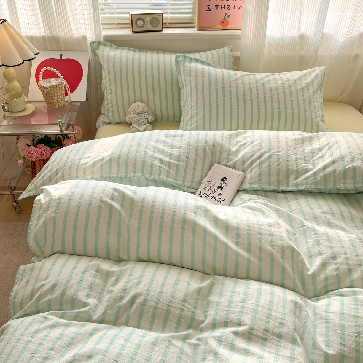 91家纺网 家纺一手货源 找家纺 如一 2026春夏新款色织全棉纯棉加密水洗棉条纹三角针四件套 野原绿