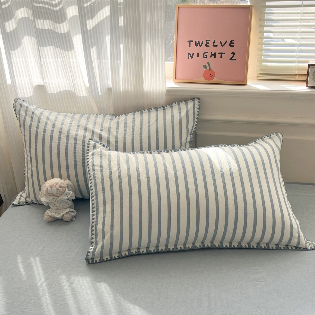 91家纺网 家纺一手货源 找家纺 如一 2026春夏新款色织全棉纯棉加密水洗棉条纹三角针四件套 野原蓝