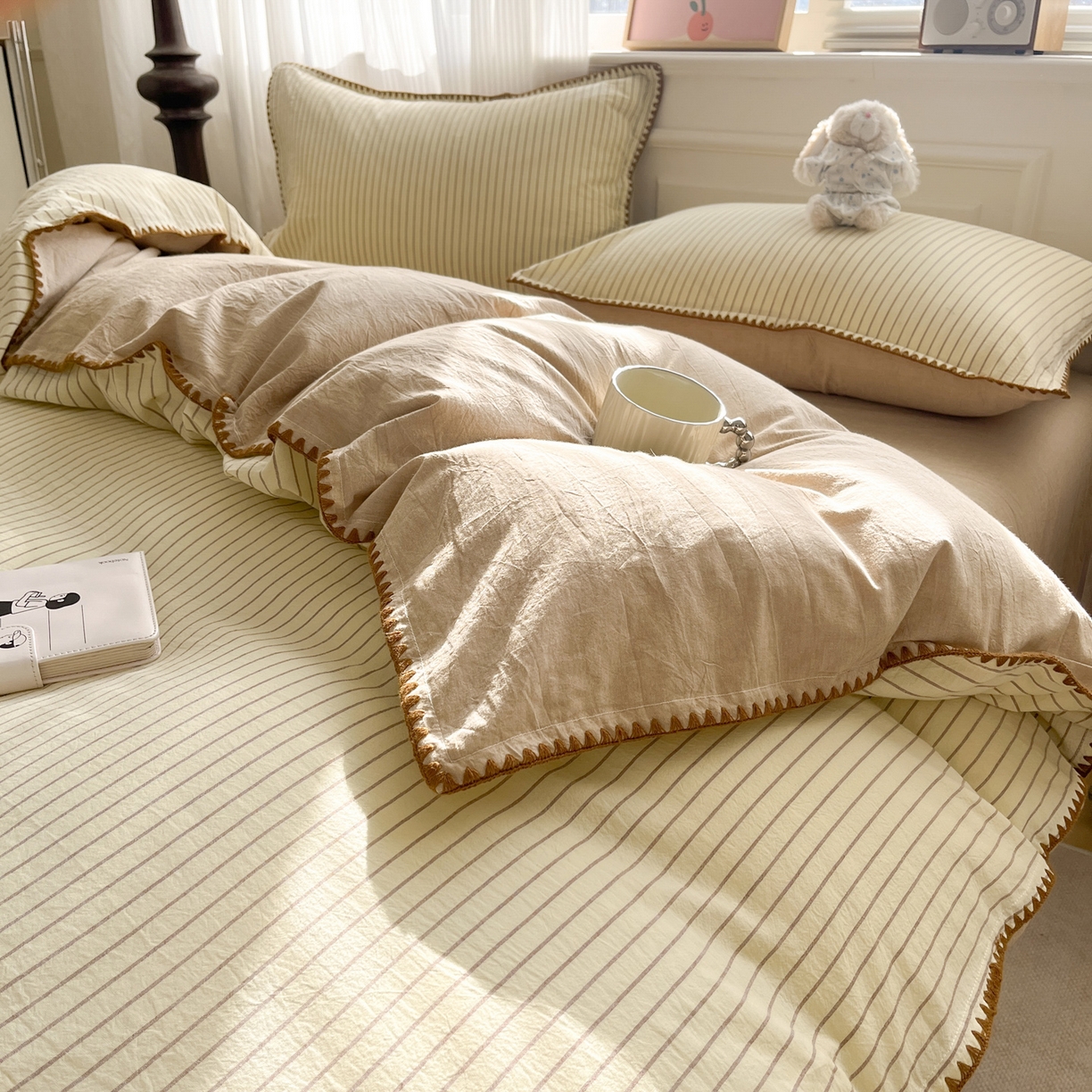 91家纺网 家纺一手货源 找家纺 如一 2026春夏新款色织全棉纯棉加密水洗棉条纹三角针四件套 晴空黄