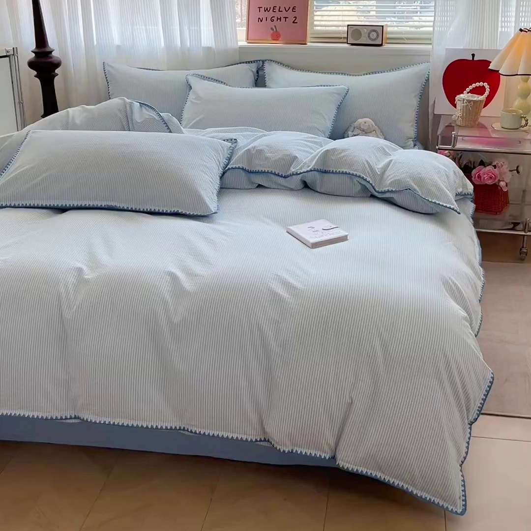 91家纺网 家纺一手货源 找家纺 如一 2026春夏新款色织全棉纯棉加密水洗棉条纹三角针四件套 海岸蓝