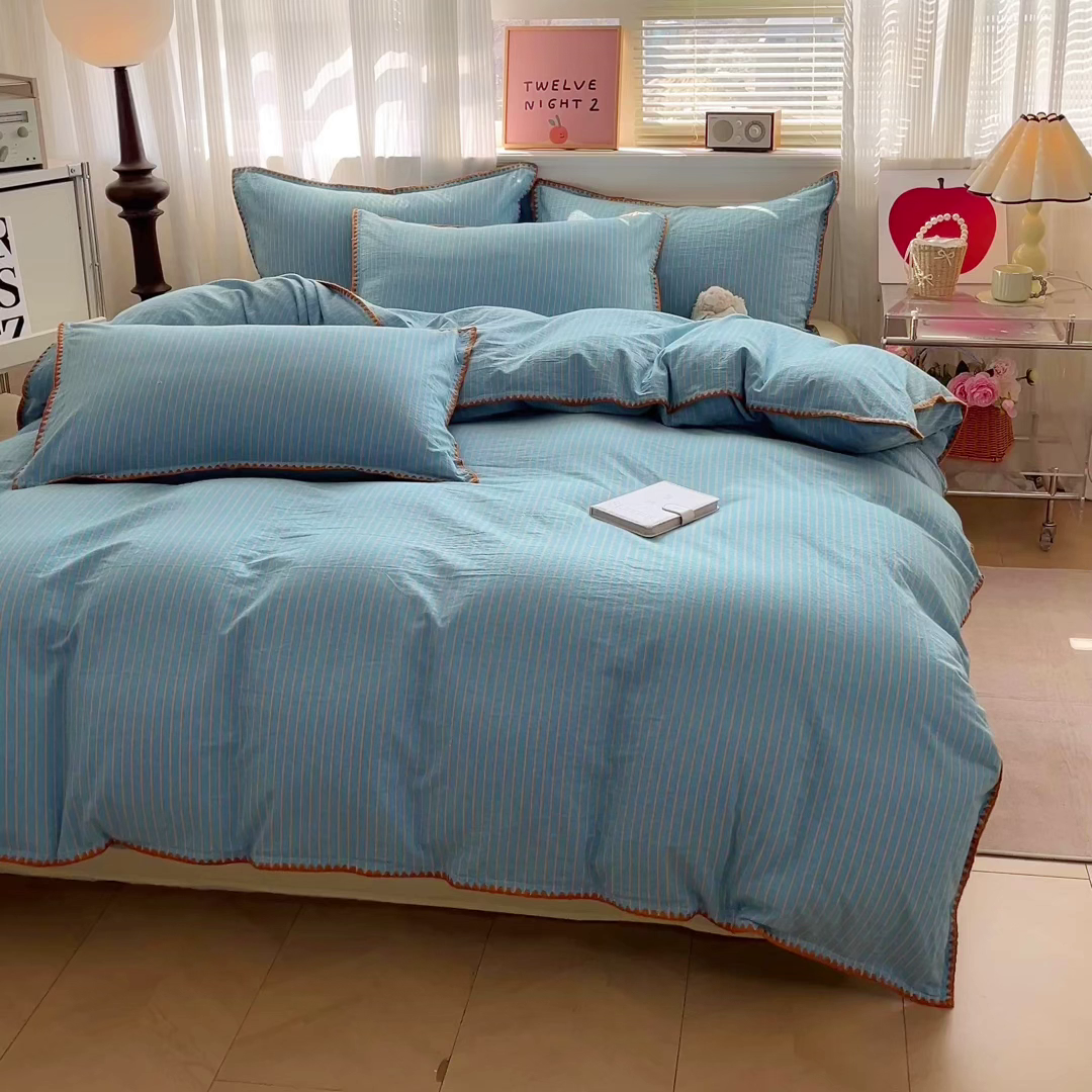 91家纺网 家纺一手货源 找家纺 如一 2026春夏新款色织全棉纯棉加密水洗棉条纹三角针四件套 晴空橙