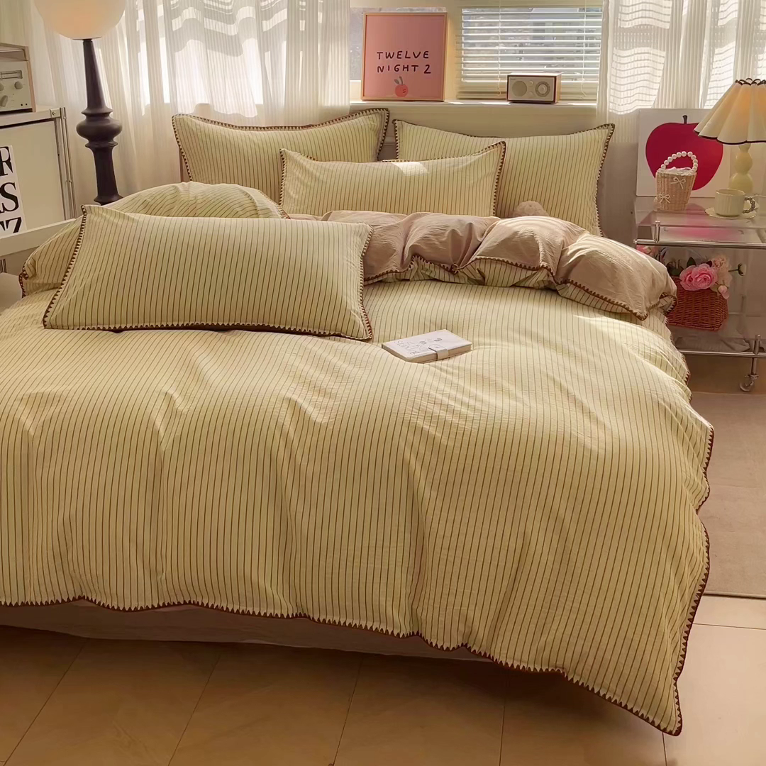 91家纺网 家纺一手货源 找家纺 如一 2026春夏新款色织全棉纯棉加密水洗棉条纹三角针四件套 晴空黄