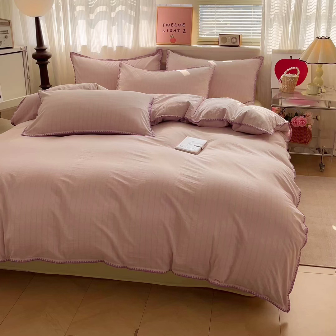 91家纺网 家纺一手货源 找家纺 如一 2026春夏新款色织全棉纯棉加密水洗棉条纹三角针四件套 极光紫