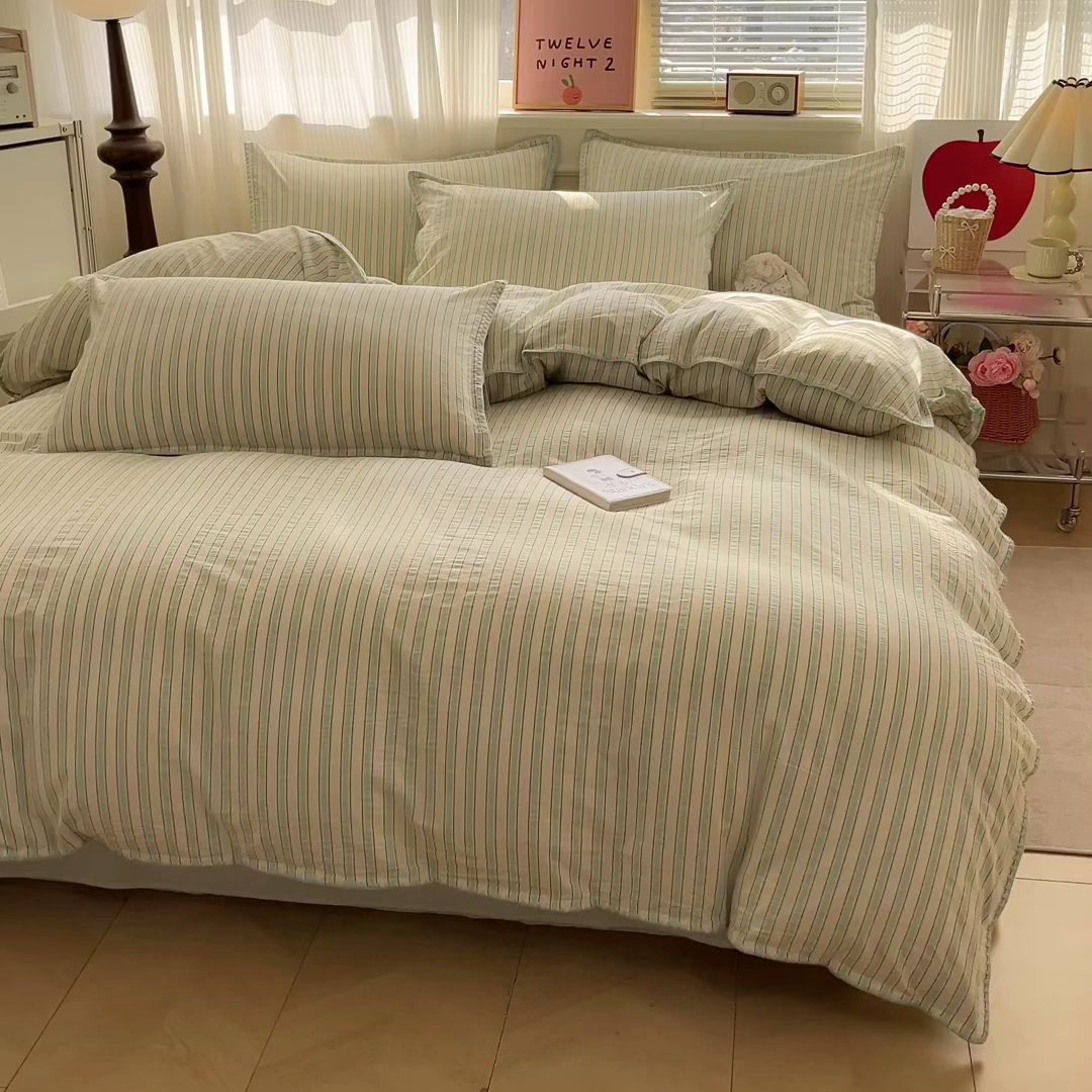 91家纺网 家纺一手货源 找家纺 如一 2026春夏新款色织全棉纯棉加密水洗棉条纹三角针四件套 晨光绿