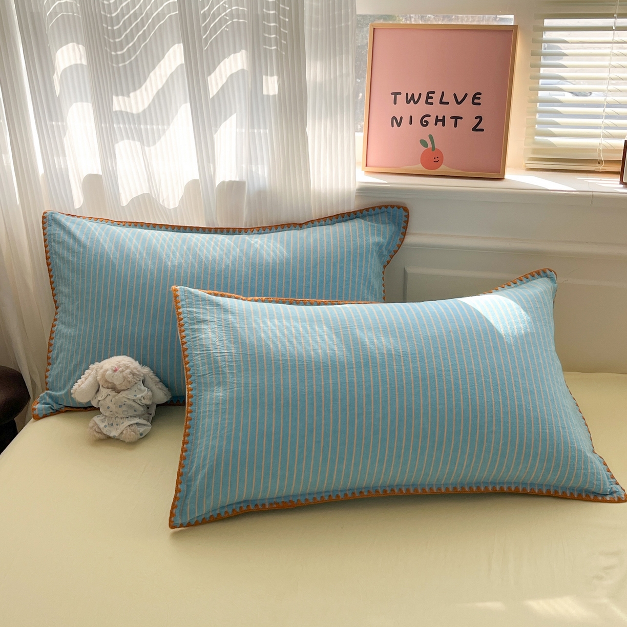 91家纺网 家纺一手货源 找家纺 如一 2026春夏新款色织全棉纯棉加密水洗棉条纹三角针四件套 晴空橙