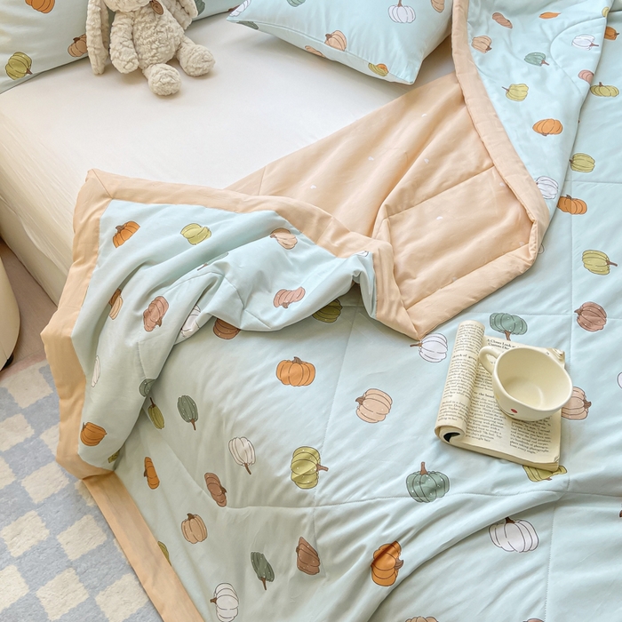 91家纺网 家纺一手货源 找家纺 憨豆家纺 2026新款双面全棉印花夏被可机洗小清新纯棉夏凉被薄被芯空调被子 南瓜派对