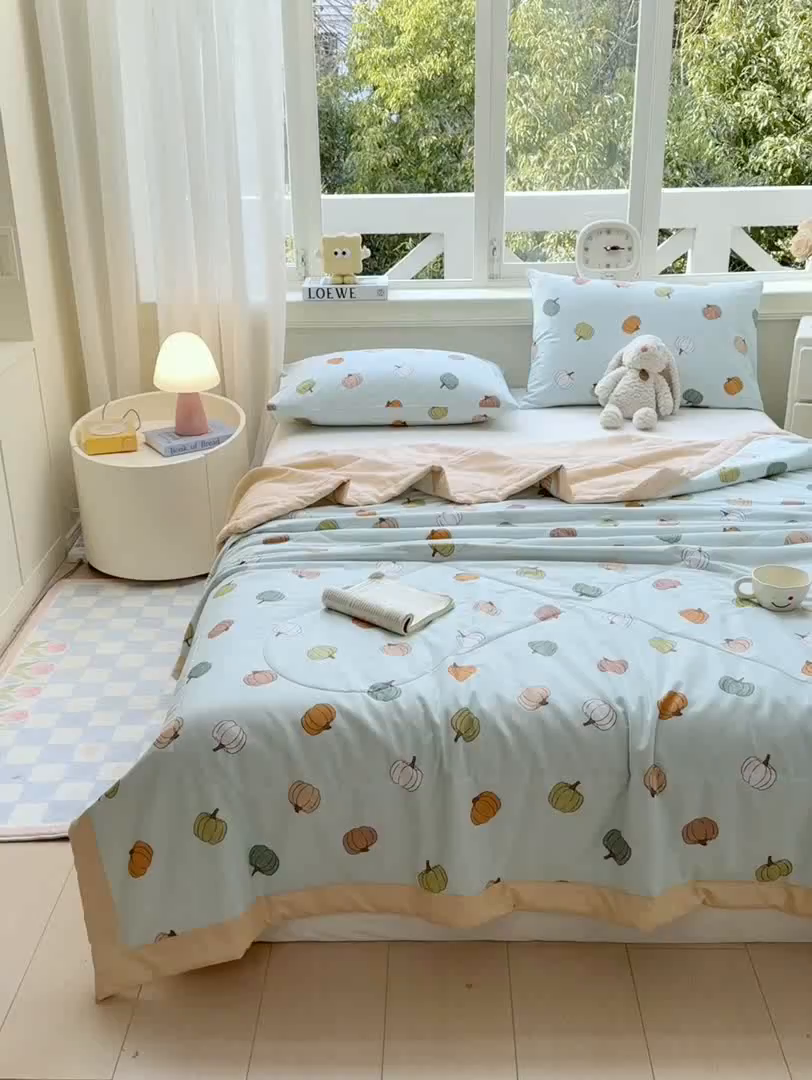 91家纺网 家纺一手货源 找家纺 憨豆家纺 2026新款双面全棉印花夏被可机洗小清新纯棉夏凉被薄被芯空调被子 南瓜派对