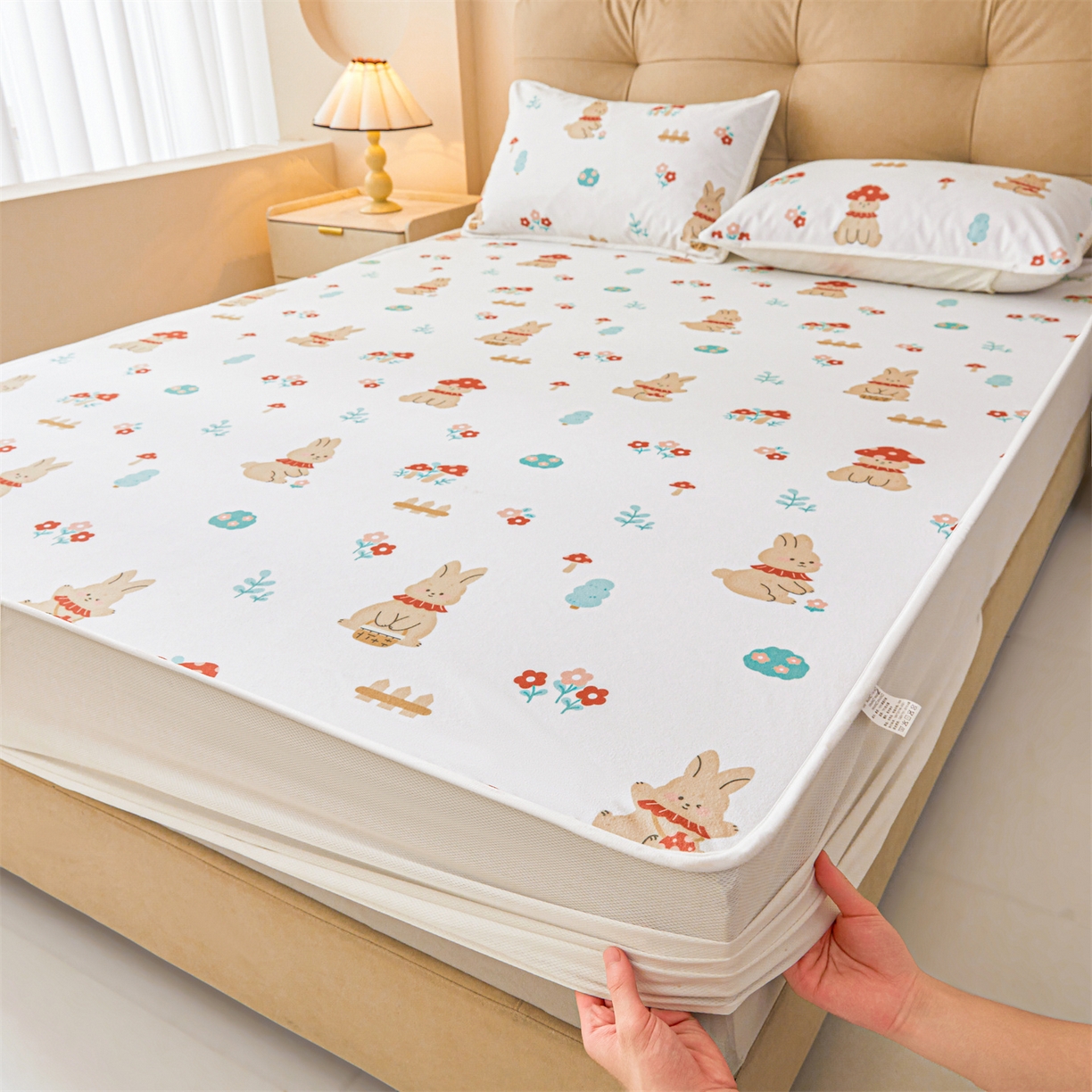 91家纺网 家纺一手货源 找家纺 （总）女子家纺 2026春夏新款TPU防水隔尿床护垫床笠款印花小清新卡通儿童床垫保护套