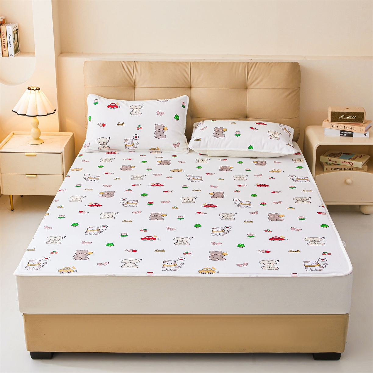 91家纺网 家纺一手货源 找家纺 女子家纺 2026春夏新款TPU防水隔尿床护垫床笠款印花小清新卡通儿童床垫保护套 防水床笠-爱心萌宠
