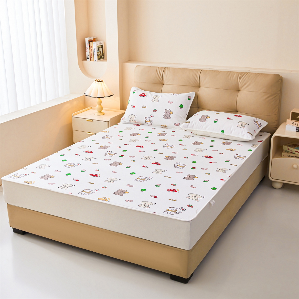 91家纺网 家纺一手货源 找家纺 女子家纺 2026春夏新款TPU防水隔尿床护垫床笠款印花小清新卡通儿童床垫保护套 防水床笠-爱心萌宠