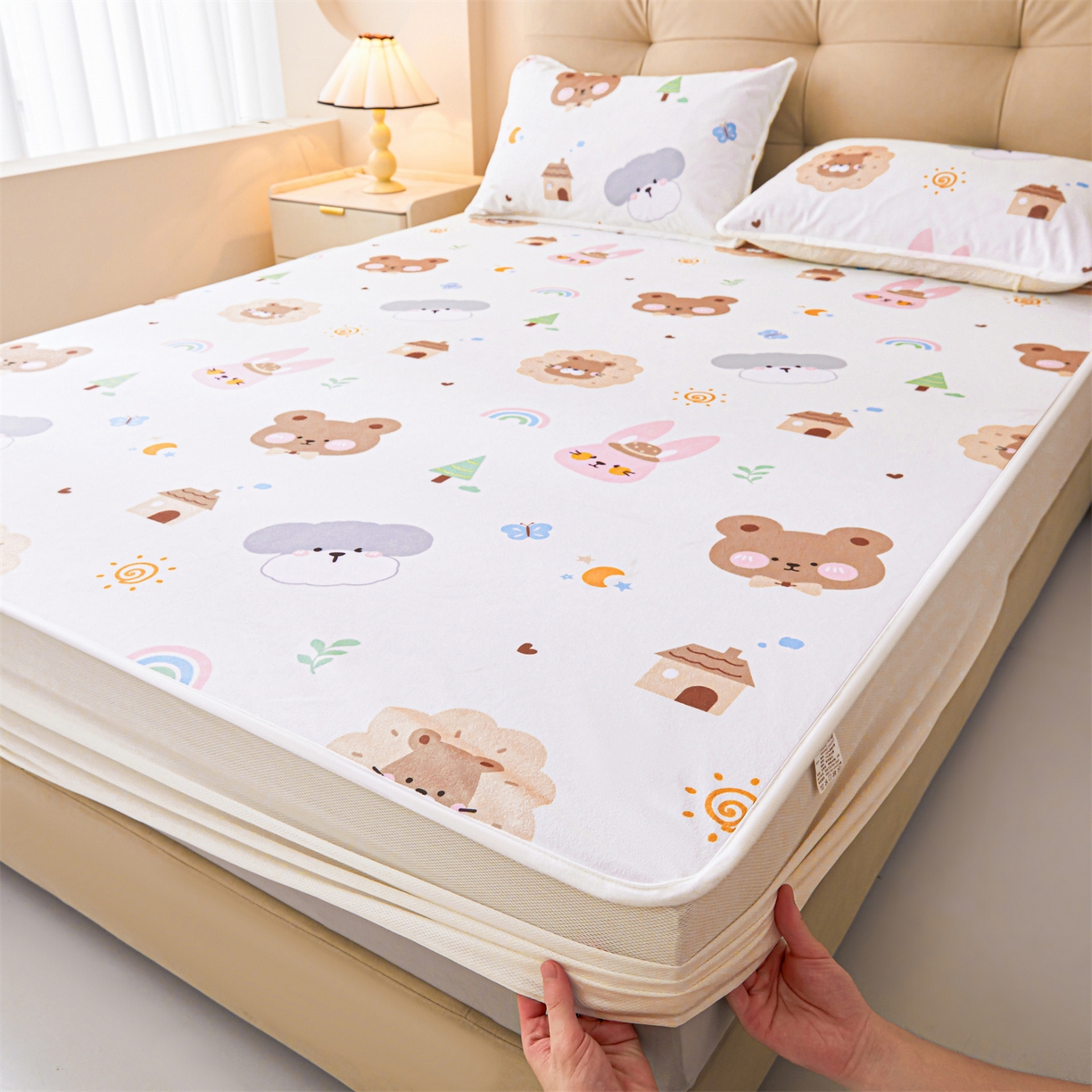 女子家纺 2026春夏新款TPU防水隔尿床护垫床笠款印花小清新卡通儿童床垫保护套 防水床笠-呆萌熊