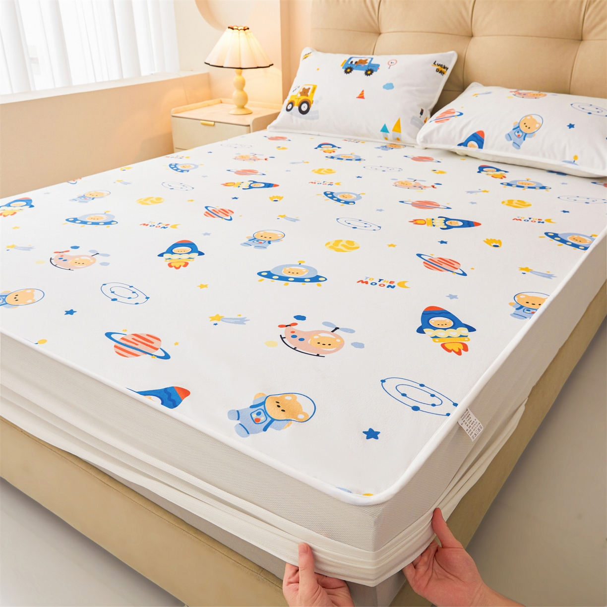 女子家纺 2026春夏新款TPU防水隔尿床护垫床笠款印花小清新卡通儿童床垫保护套 防水床笠-火箭飞船