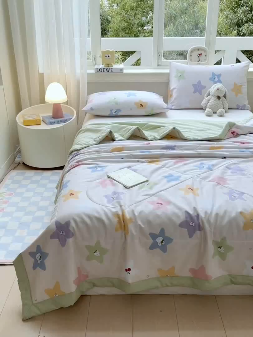 91家纺网 家纺一手货源 找家纺 憨豆家纺 2026新款双面全棉印花夏被可机洗小清新纯棉夏凉被薄被芯空调被子 星愿兔