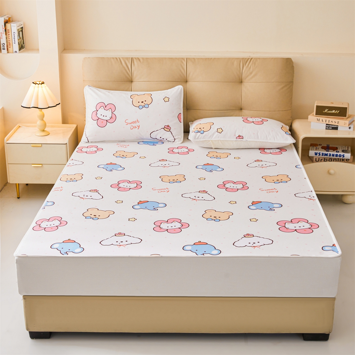 91家纺网 家纺一手货源 找家纺 女子家纺 2026春夏新款TPU防水隔尿床护垫床笠款印花小清新卡通儿童床垫保护套 防水床笠-猫咪花花