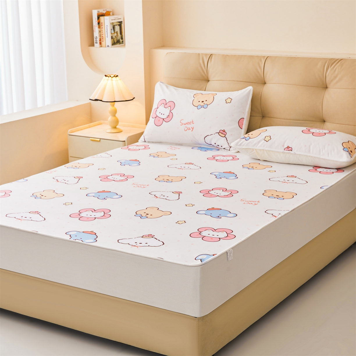 91家纺网 家纺一手货源 找家纺 女子家纺 2026春夏新款TPU防水隔尿床护垫床笠款印花小清新卡通儿童床垫保护套 防水床笠-猫咪花花