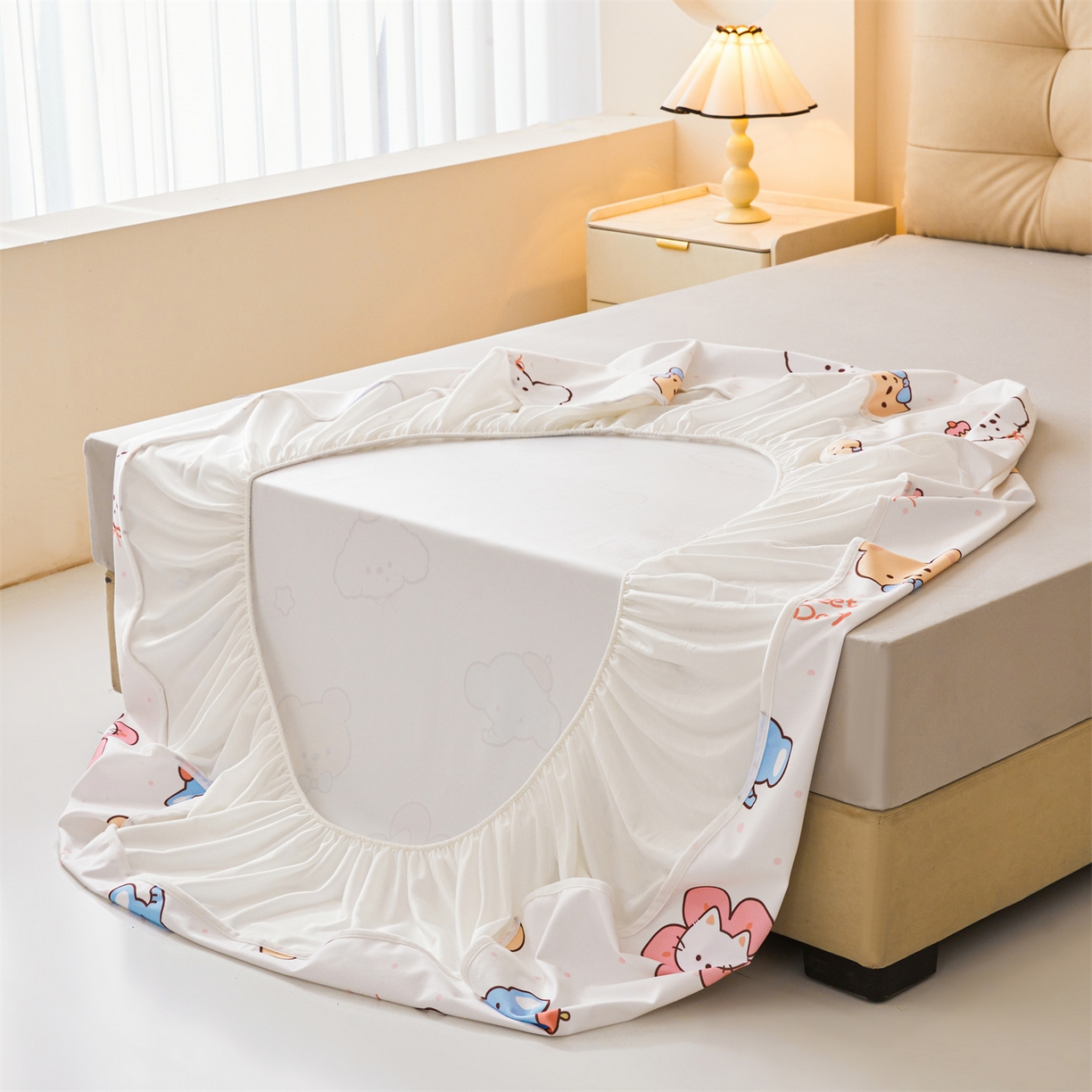 91家纺网 家纺一手货源 找家纺 女子家纺 2026春夏新款TPU防水隔尿床护垫床笠款印花小清新卡通儿童床垫保护套 防水床笠-猫咪花花