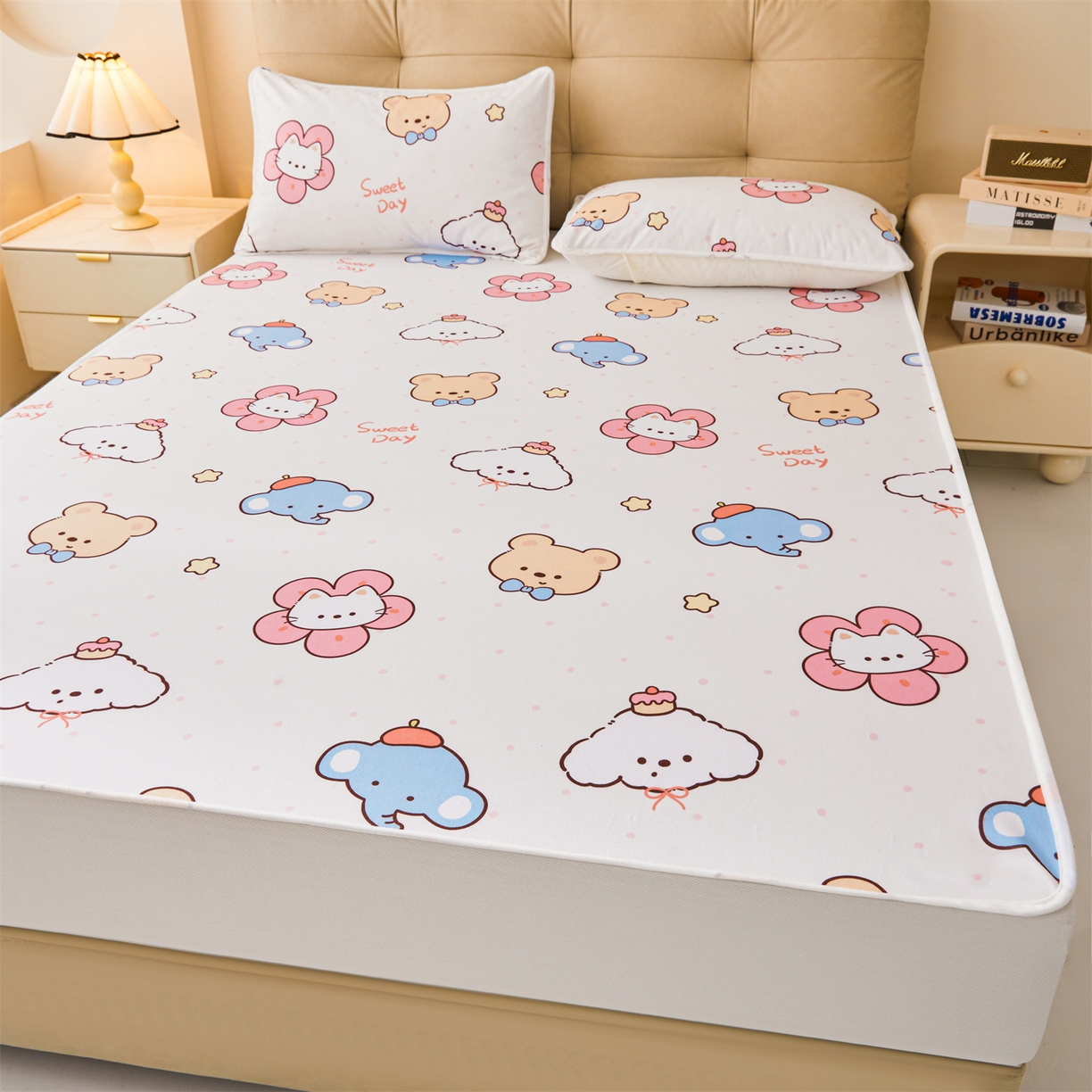 91家纺网 家纺一手货源 找家纺 女子家纺 2026春夏新款TPU防水隔尿床护垫床笠款印花小清新卡通儿童床垫保护套 防水床笠-猫咪花花