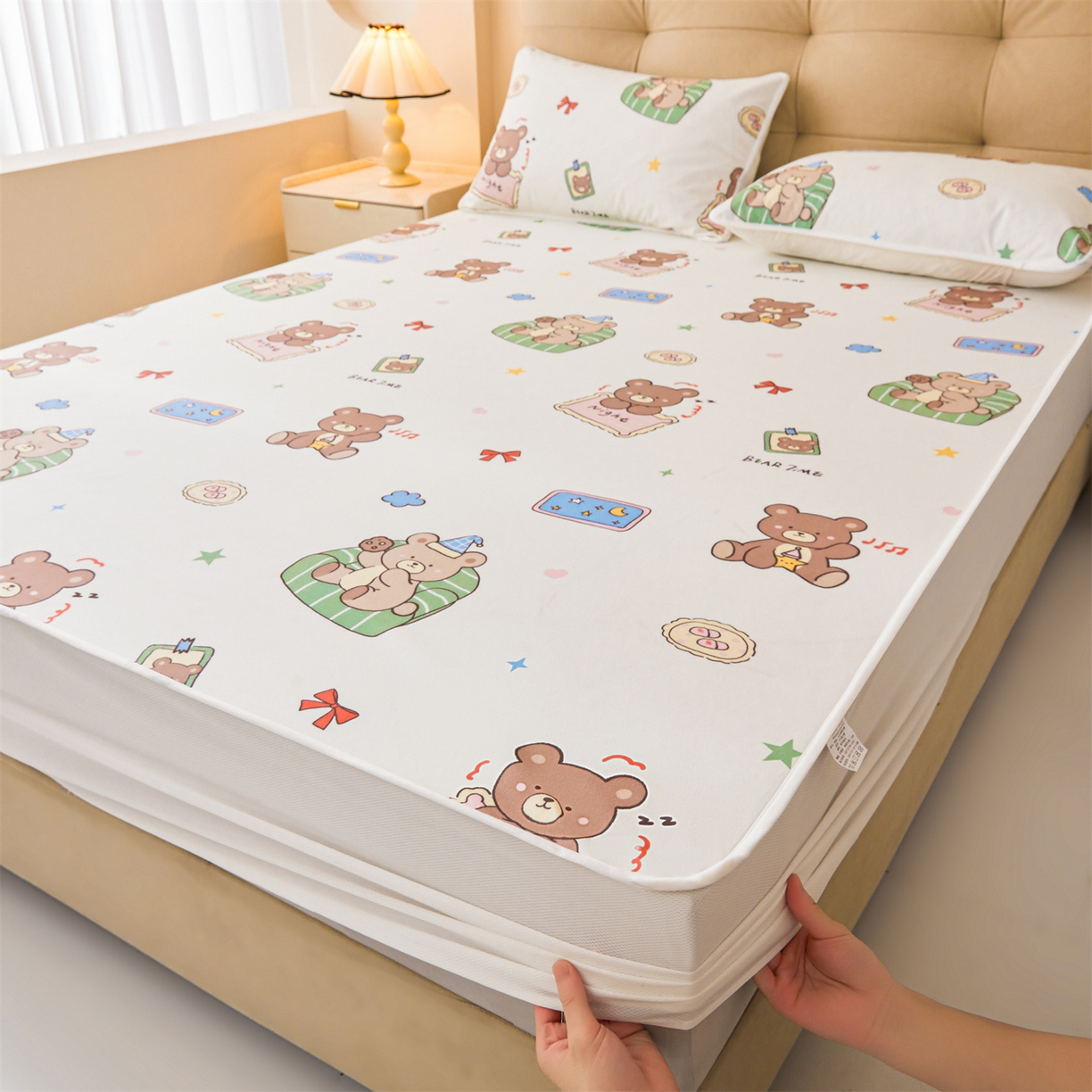 女子家纺 2026春夏新款TPU防水隔尿床护垫床笠款印花小清新卡通儿童床垫保护套 防水床笠-沙发熊