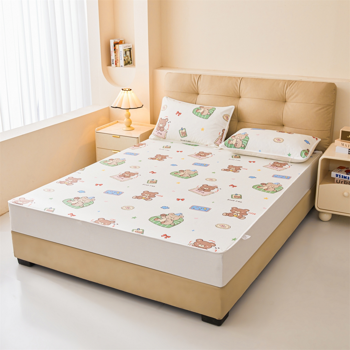 91家纺网 家纺一手货源 找家纺 女子家纺 2026春夏新款TPU防水隔尿床护垫床笠款印花小清新卡通儿童床垫保护套 防水床笠-沙发熊