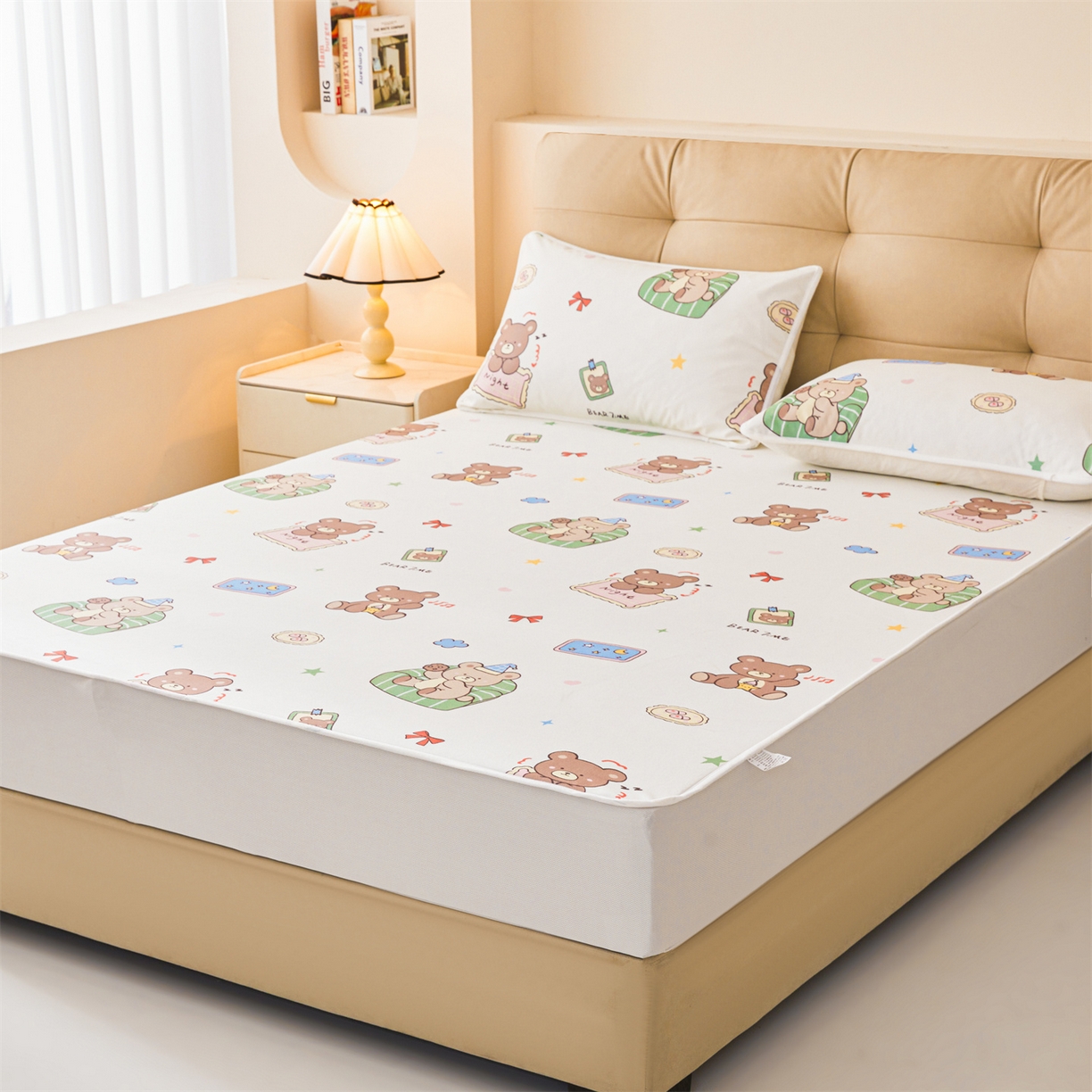 91家纺网 家纺一手货源 找家纺 女子家纺 2026春夏新款TPU防水隔尿床护垫床笠款印花小清新卡通儿童床垫保护套 防水床笠-沙发熊