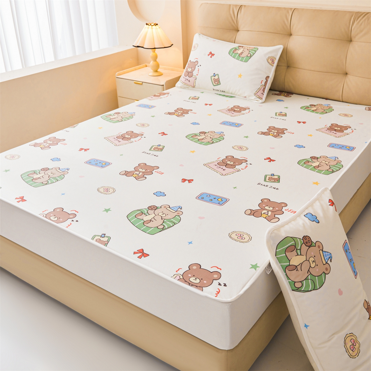 91家纺网 家纺一手货源 找家纺 女子家纺 2026春夏新款TPU防水隔尿床护垫床笠款印花小清新卡通儿童床垫保护套 防水床笠-沙发熊