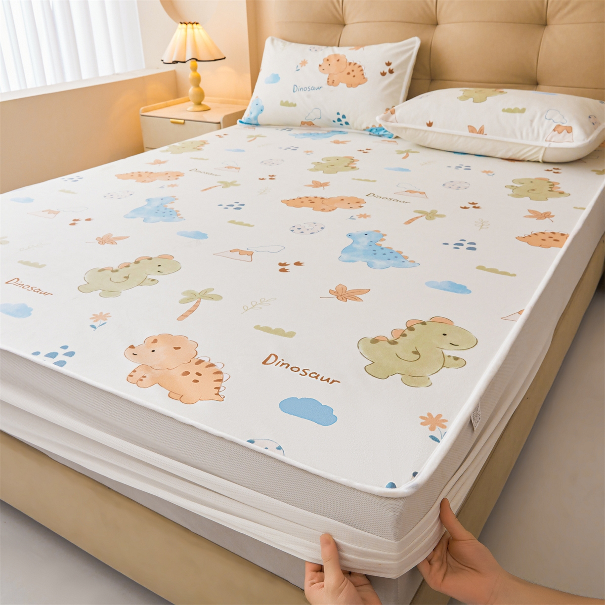 女子家纺 2026春夏新款TPU防水隔尿床护垫床笠款印花小清新卡通儿童床垫保护套 防水床笠-沙滩恐龙
