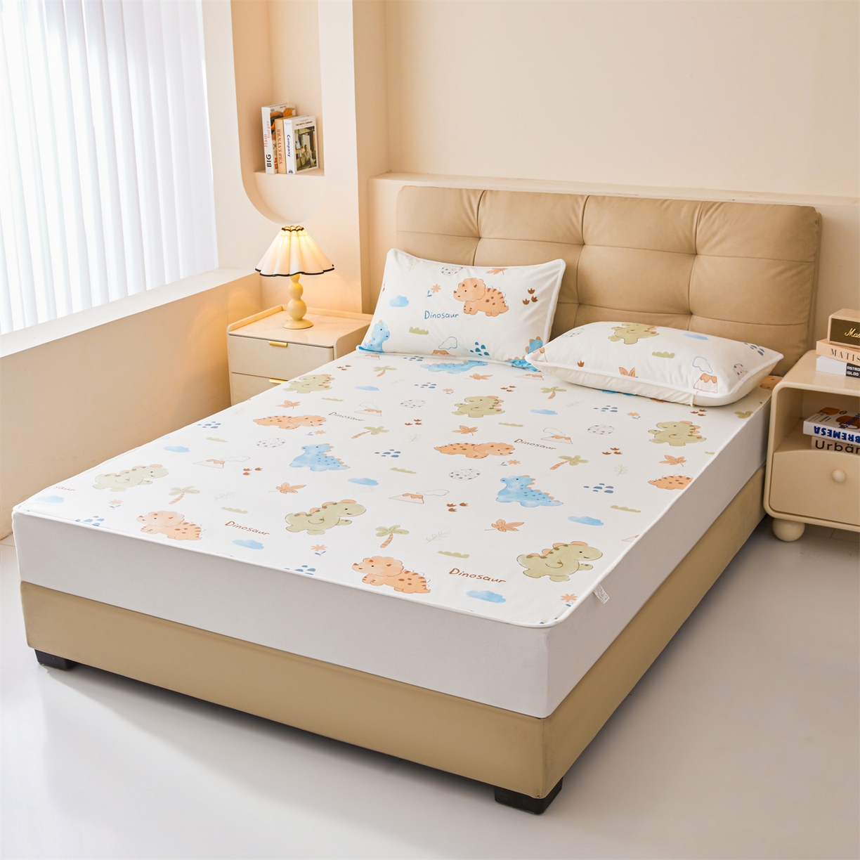91家纺网 家纺一手货源 找家纺 女子家纺 2026春夏新款TPU防水隔尿床护垫床笠款印花小清新卡通儿童床垫保护套 防水床笠-沙滩恐龙