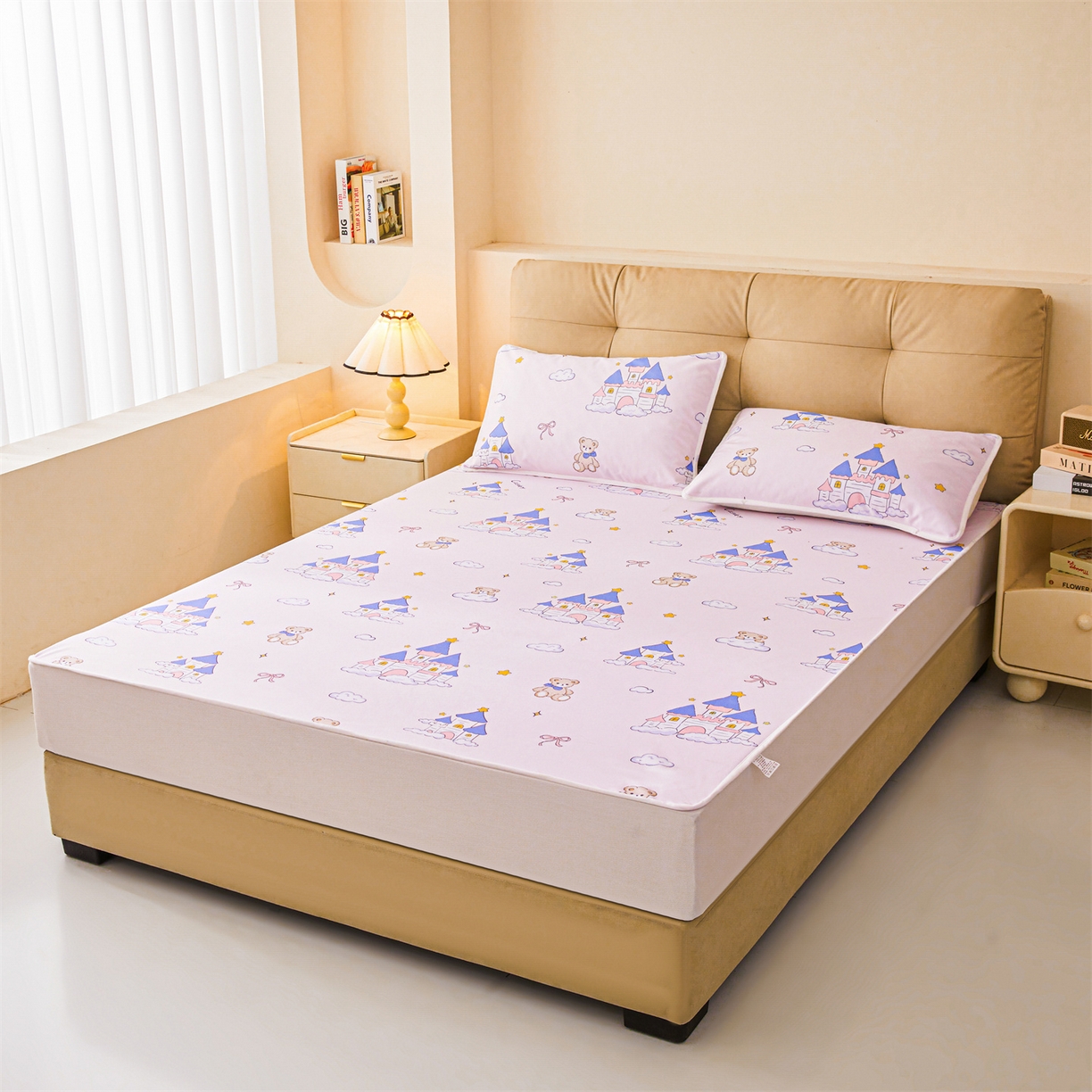 91家纺网 家纺一手货源 找家纺 女子家纺 2026春夏新款TPU防水隔尿床护垫床笠款印花小清新卡通儿童床垫保护套 防水床笠-天使城堡