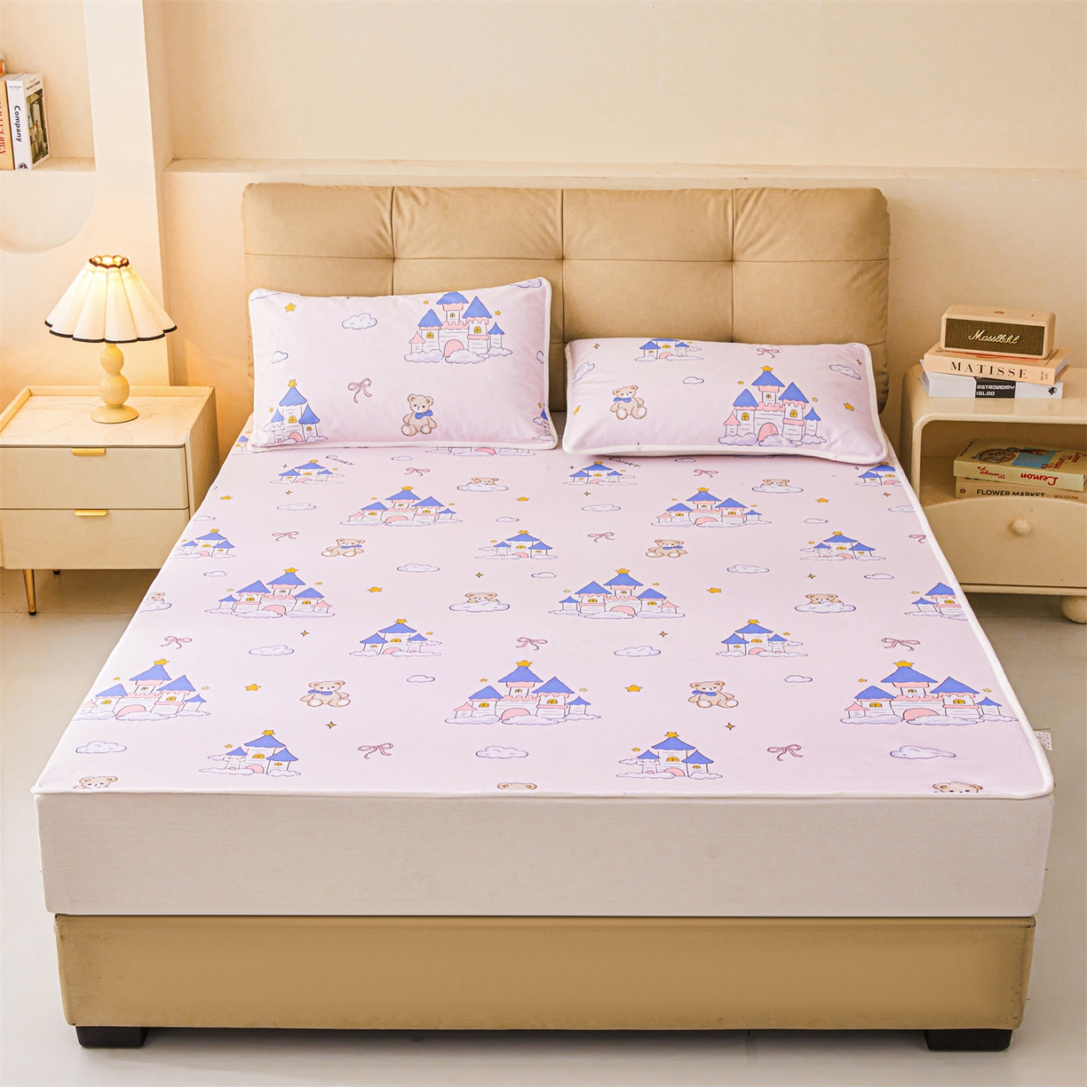 91家纺网 家纺一手货源 找家纺 女子家纺 2026春夏新款TPU防水隔尿床护垫床笠款印花小清新卡通儿童床垫保护套 防水床笠-天使城堡