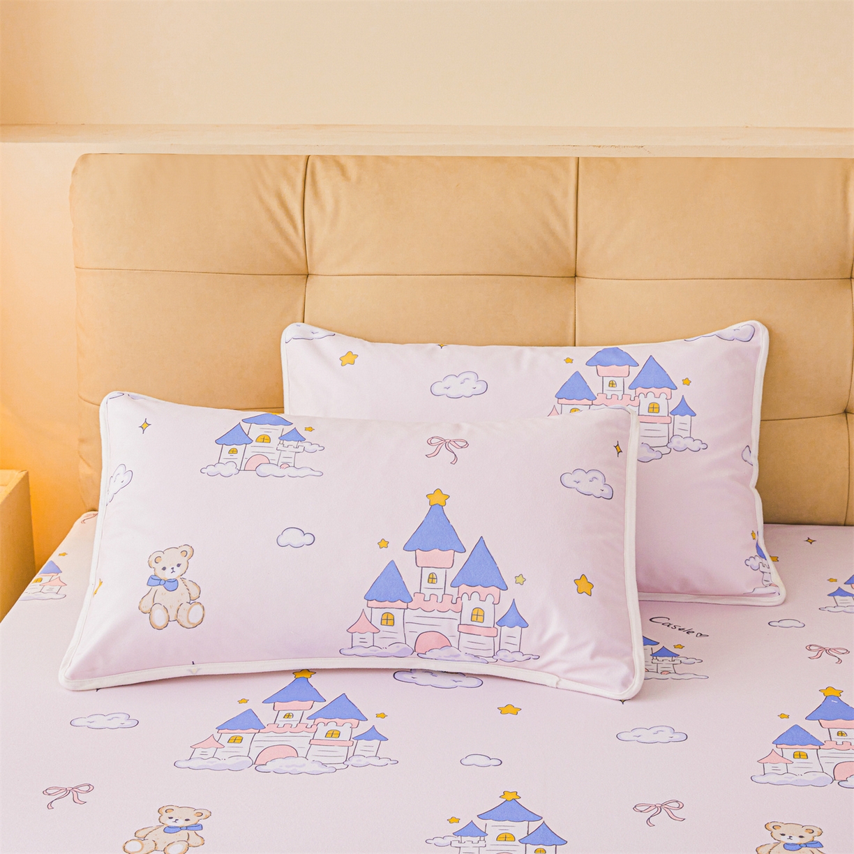 91家纺网 家纺一手货源 找家纺 女子家纺 2026春夏新款TPU防水隔尿床护垫床笠款印花小清新卡通儿童床垫保护套 防水床笠-天使城堡