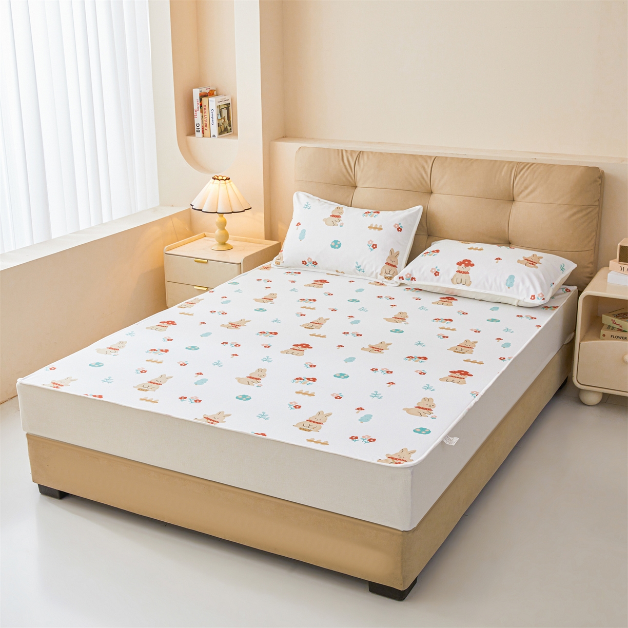 91家纺网 家纺一手货源 找家纺 女子家纺 2026春夏新款TPU防水隔尿床护垫床笠款印花小清新卡通儿童床垫保护套 防水床笠-甜梦小兔