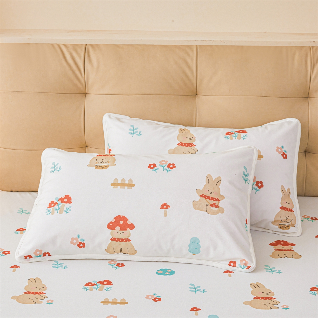 91家纺网 家纺一手货源 找家纺 女子家纺 2026春夏新款TPU防水隔尿床护垫床笠款印花小清新卡通儿童床垫保护套 防水床笠-甜梦小兔