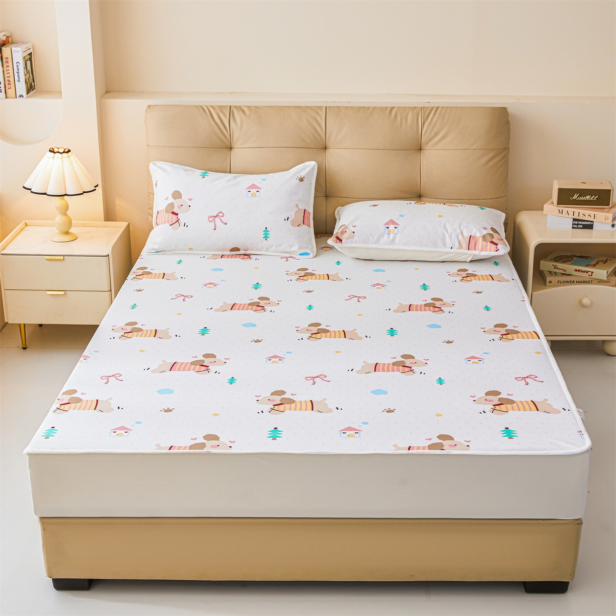 91家纺网 家纺一手货源 找家纺 女子家纺 2026春夏新款TPU防水隔尿床护垫床笠款印花小清新卡通儿童床垫保护套 防水床笠-条纹狗