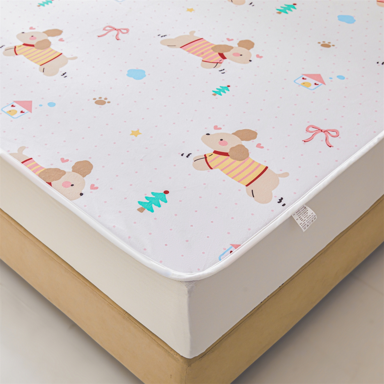 91家纺网 家纺一手货源 找家纺 女子家纺 2026春夏新款TPU防水隔尿床护垫床笠款印花小清新卡通儿童床垫保护套 防水床笠-条纹狗