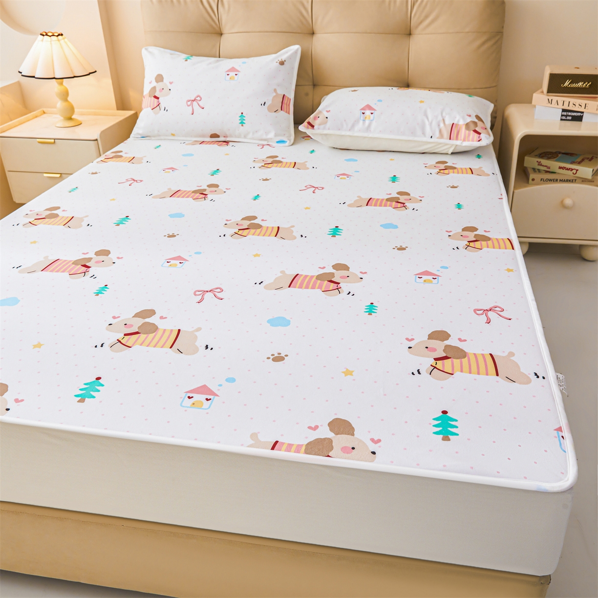 91家纺网 家纺一手货源 找家纺 女子家纺 2026春夏新款TPU防水隔尿床护垫床笠款印花小清新卡通儿童床垫保护套 防水床笠-条纹狗