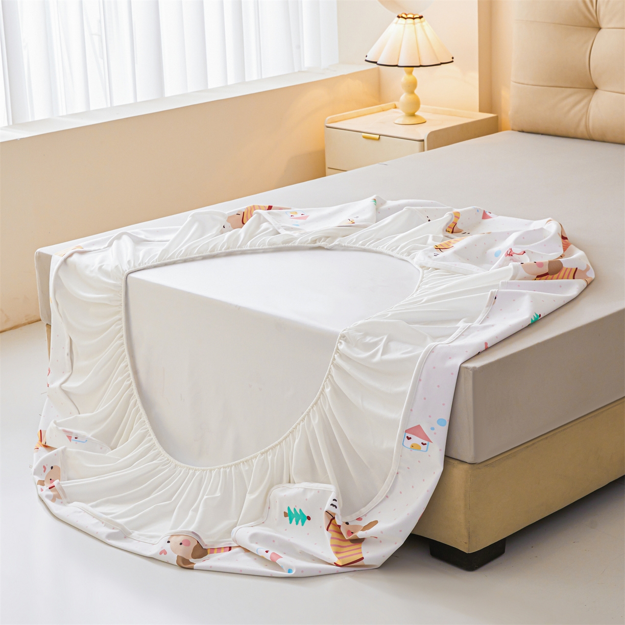 91家纺网 家纺一手货源 找家纺 女子家纺 2026春夏新款TPU防水隔尿床护垫床笠款印花小清新卡通儿童床垫保护套 防水床笠-条纹狗