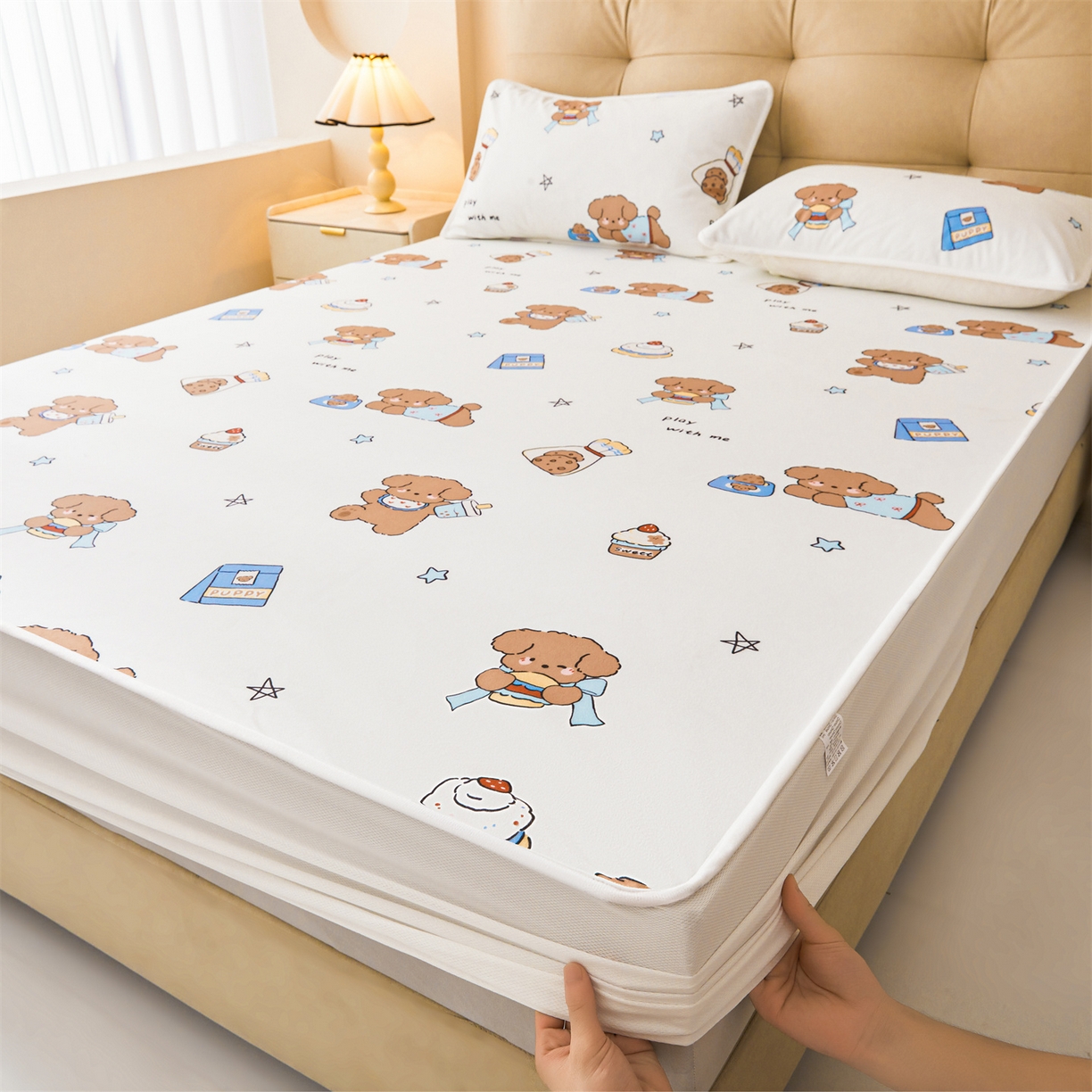女子家纺 2026春夏新款TPU防水隔尿床护垫床笠款印花小清新卡通儿童床垫保护套 防水床笠-吐司熊
