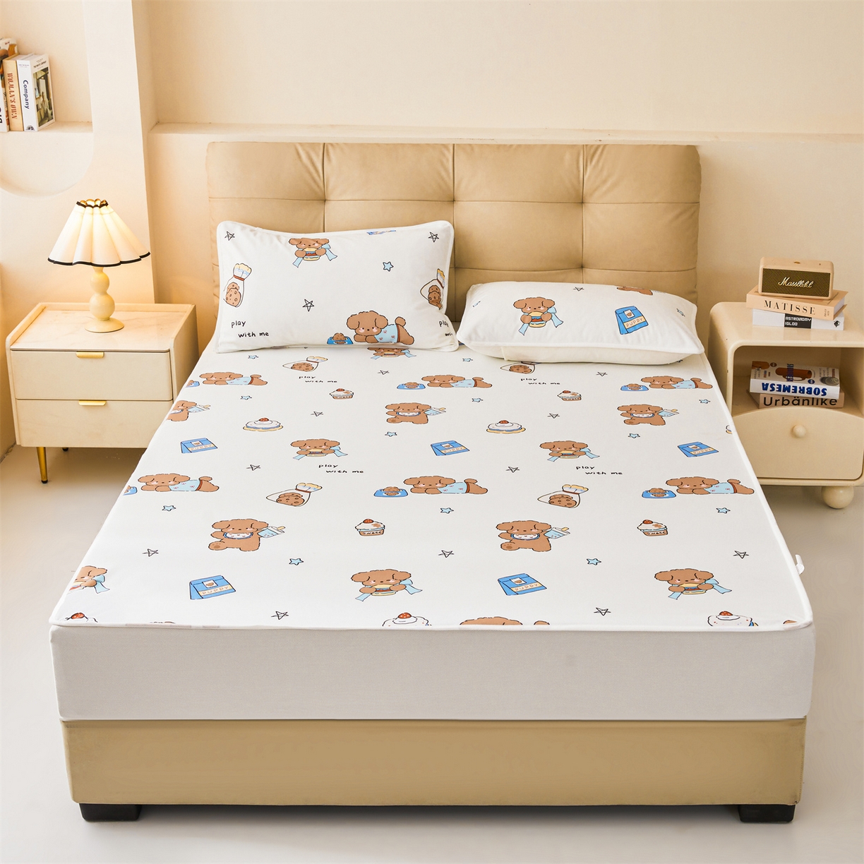 91家纺网 家纺一手货源 找家纺 女子家纺 2026春夏新款TPU防水隔尿床护垫床笠款印花小清新卡通儿童床垫保护套 防水床笠-吐司熊