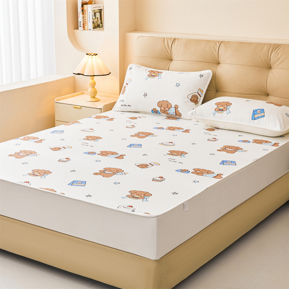 91家纺网 家纺一手货源 找家纺 女子家纺 2026春夏新款TPU防水隔尿床护垫床笠款印花小清新卡通儿童床垫保护套 防水床笠-吐司熊